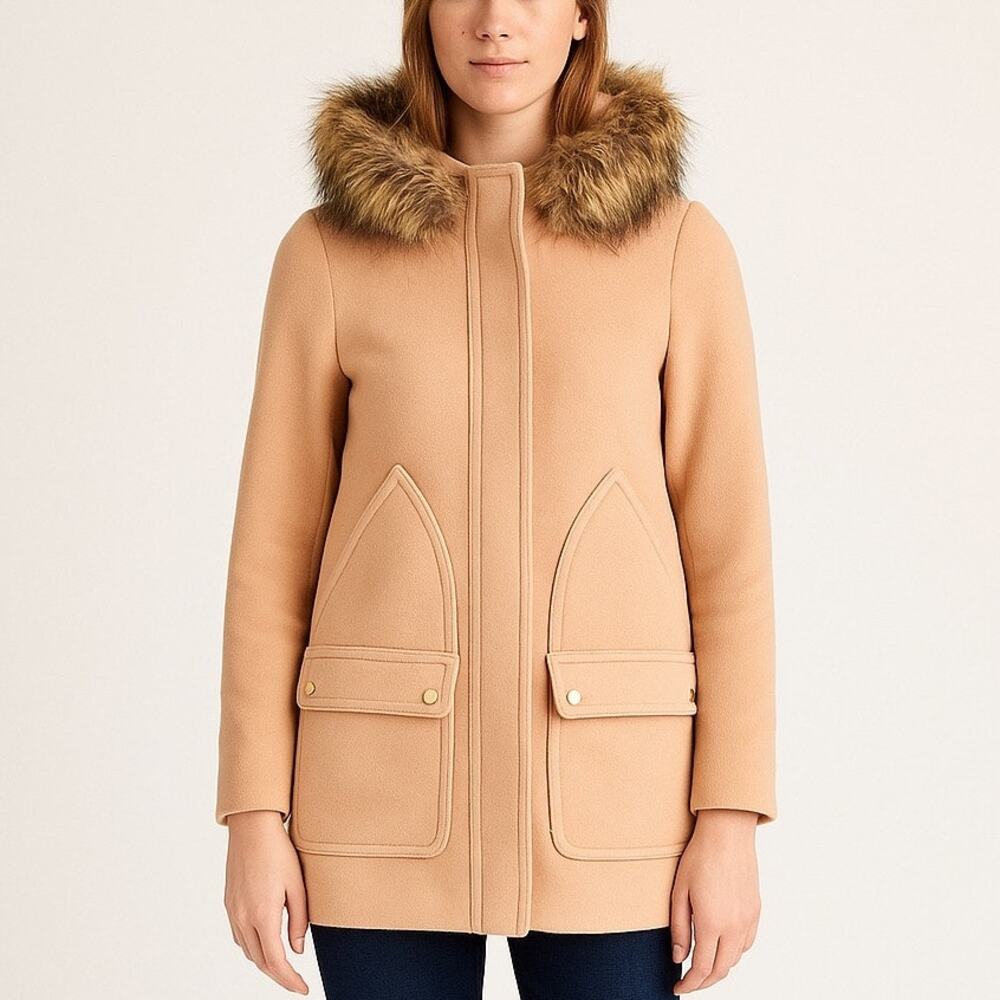 J. Crew Vail Faux Fur Tan Wool Blend Parka Overcoat Coat